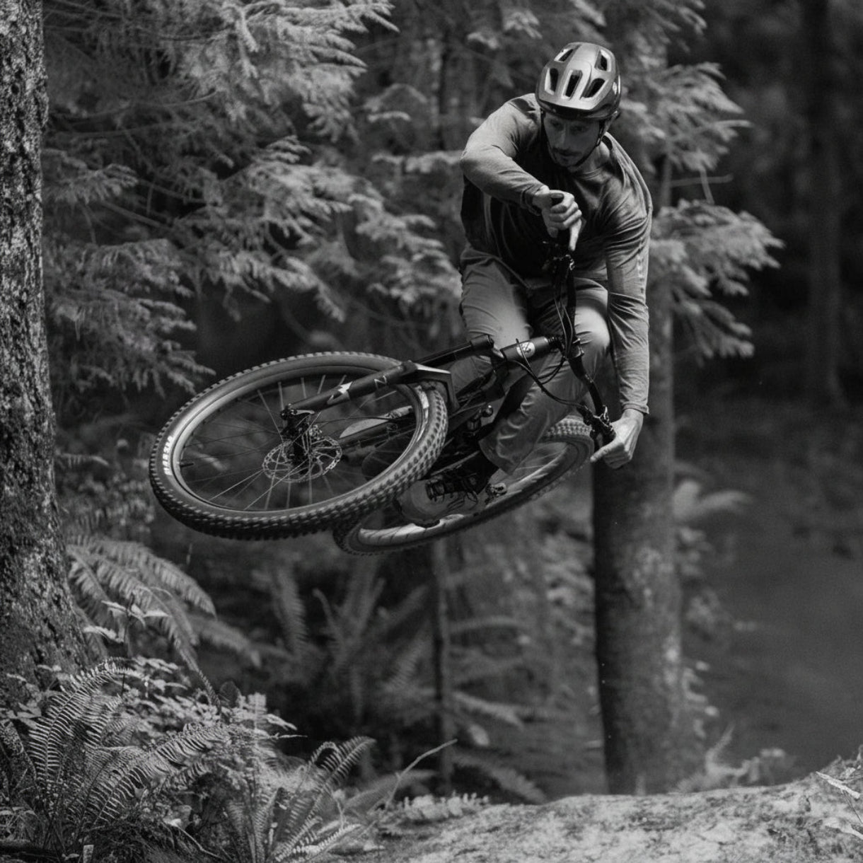 Person riding a mountain bike through a forest